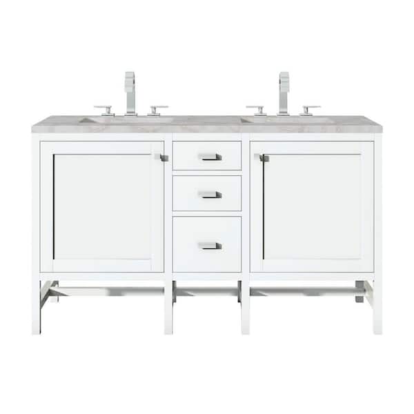 James Martin Vanities Addison 60.0 in. W x 23.5 in. D x 35.5 in. H Double Bathroom Vanity in Glossy White with Victorian Silver Quartz Top