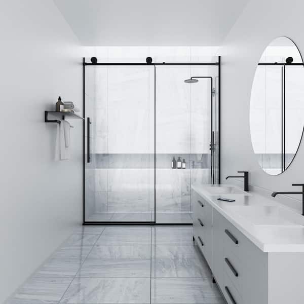 HAIMA 48 in. W x 74 in. H Single Sliding Frameless Shower Door in Matt Black with Clear 5/16 in. Glass