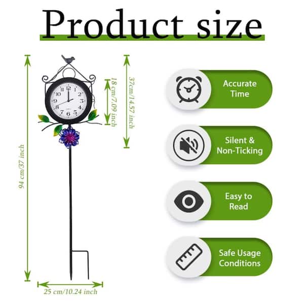 10 in Outdoor Wall Clock with Garden Stake, Silent Waterproof