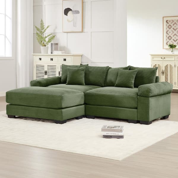 Edeline Modern 92 in. Cloud Corduroy Upholstery Modular L-Shaped Sectional Sofa in. Green with Ottoman