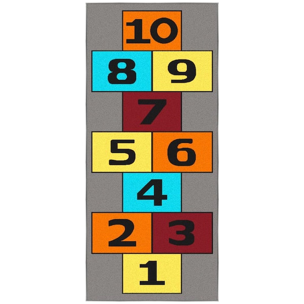Ottomanson Children's Garden Collection Non-Slip Rubberback Hopscotch 3x6 Kid's Runner Rug, 2 ft. 7 in. x 6 ft., Gray/Multicolor