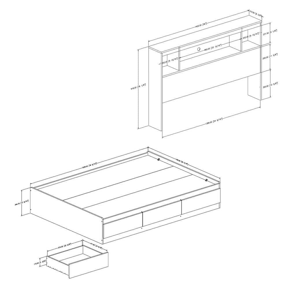 Full White Wood Captain's Bed with 3 Drawers and Bookcase Headboard