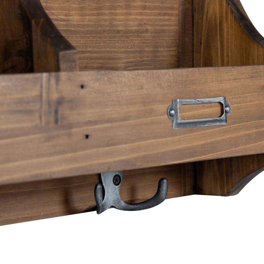 Rustic Brown Wood and Metal Magnetic Wall Organizer with Hooks