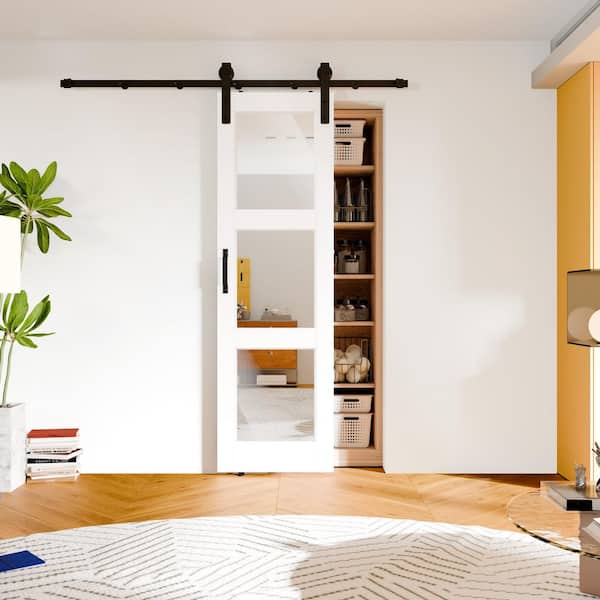 32 in. x 80 in. 3-Lite Mirrored Glass Panel White Primed Pine Wood Barn Door Slab with Black Hardware Kit Set