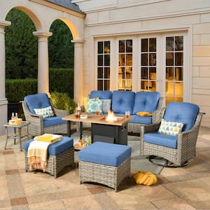 Denver 7-Piece Wicker Outdoor Patio Conversation Sofa Set with Swivel Chairs, a Storage Fire Pit and Sky Blue Cushions