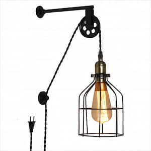 Industrial 9.8 in. 1-Light Black Plug-In Cage Shade Pulley Wall Sconces Adjustable Height Wall Lights Fixture W/Switch