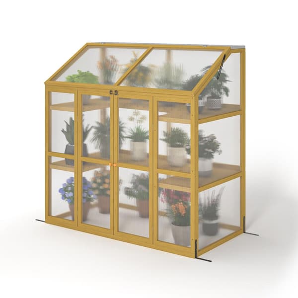 53.15 in. W x 27.76 in. D x 53.94 in. H Brown Wooden Greenhouse, Polycarbonate Shed for Plants, Cold Frame Greenhouse