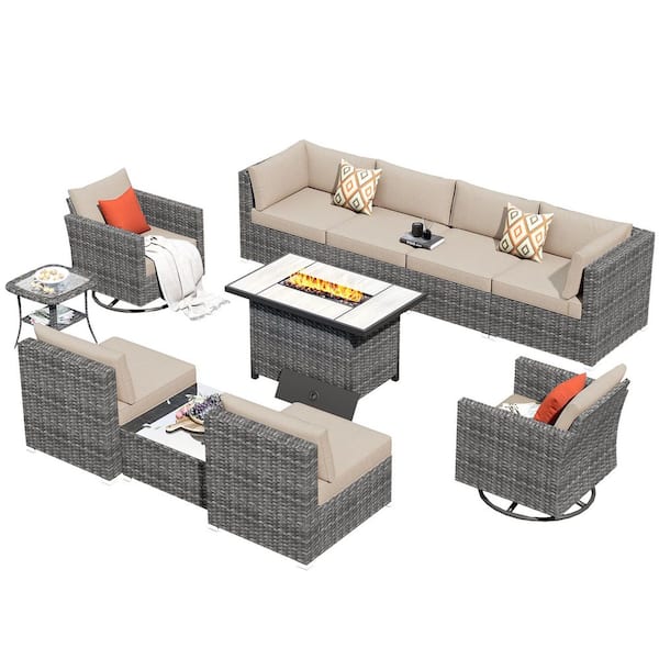 Messi Grey 11-Piece Wicker Outdoor Patio Fire Pit Conversation Sofa Set with Swivel Rocking Chairs and Beige Cushions
