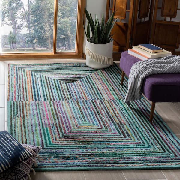 Nantucket Teal 6 ft. x 6 ft. Square Border Area Rug