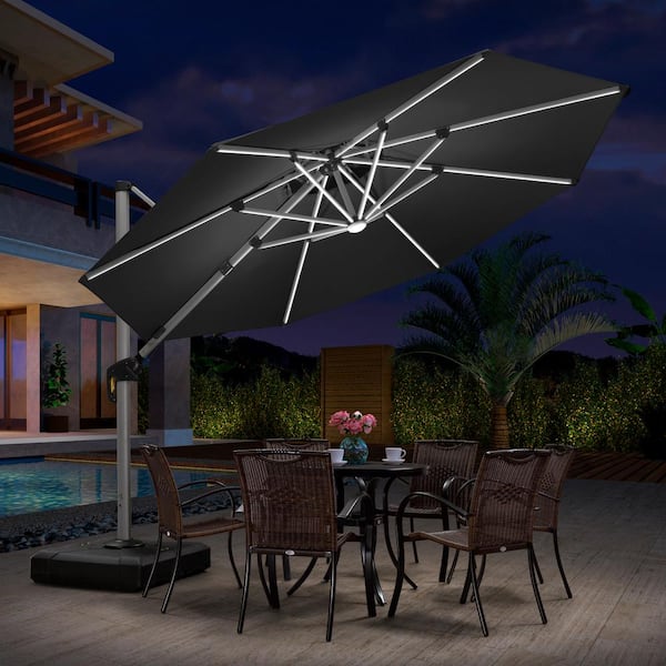 11 ft. Octagon Aluminum Solar Powered LED Patio Cantilever Offset Umbrella with Base, Black