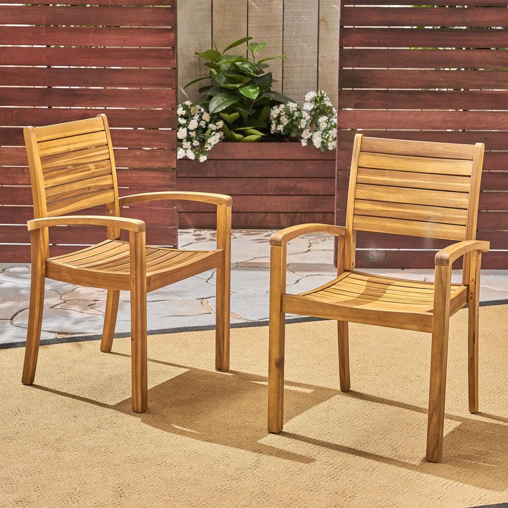 (Set of 2) Wood Stacking Outdoor Dining Chair, Teak Finish, Coastal Style P