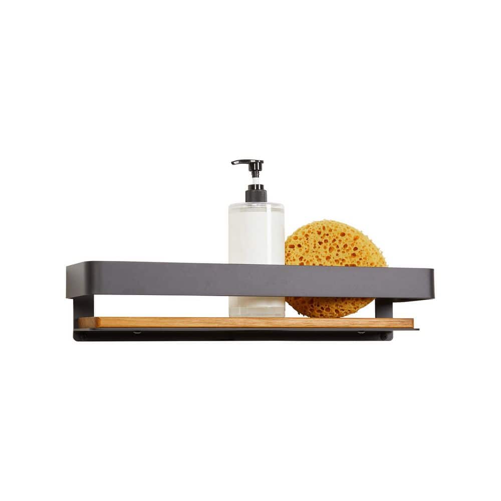 Matte Black and Teak Wood Wall Mounted Shower Shelf