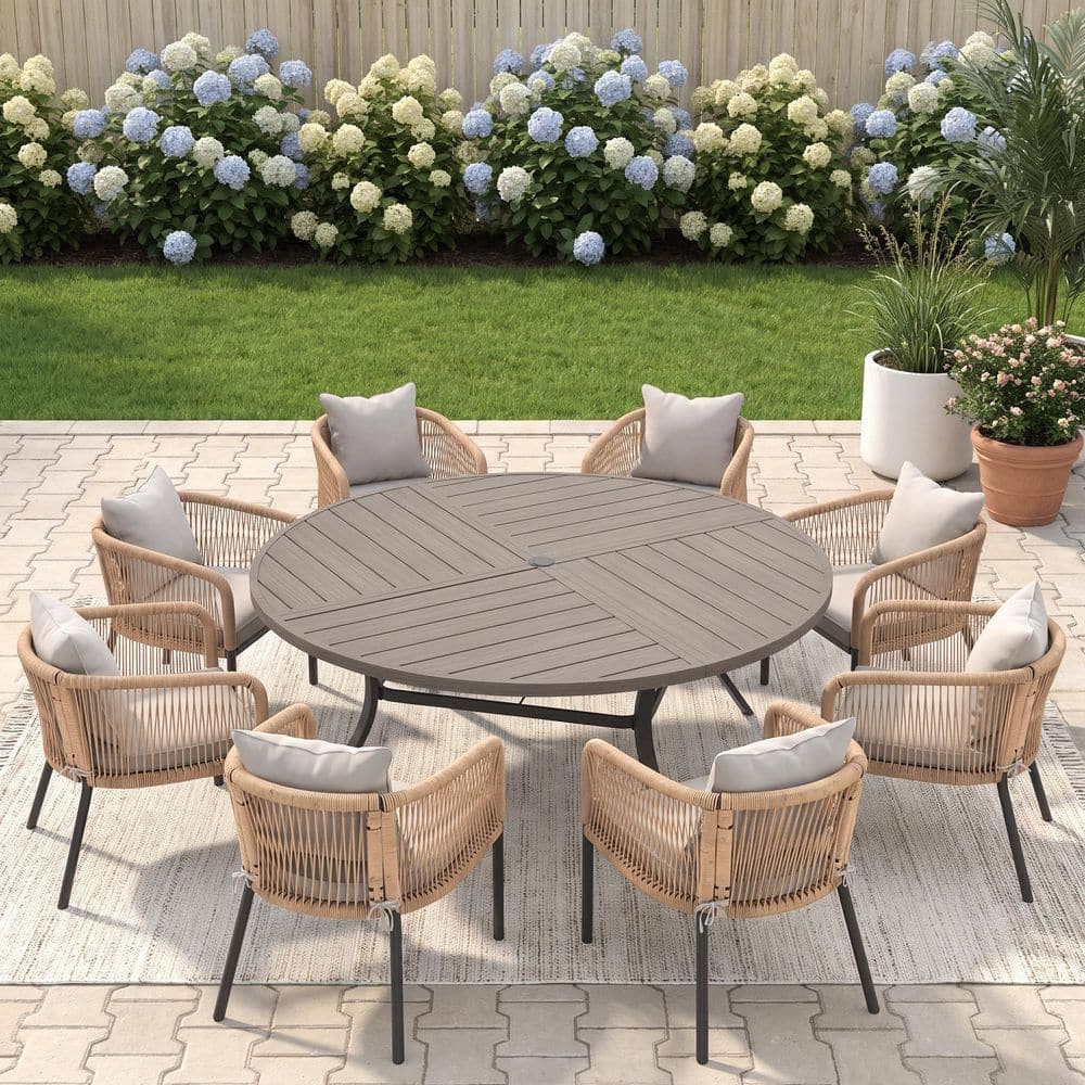 9-Piece 59.8 in. Gray Wood-Like Metal Round Patio Outdoor Dining Set with 8 Wheat Rattan Rope Chairs with White Cushions price history on PriceWatchPro