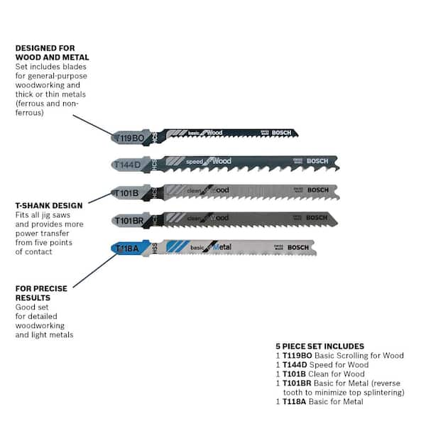 Multi-Purpose Steel T-Shank Jig Saw Blade Set for Cutting Wood and Metal (5-Pack)