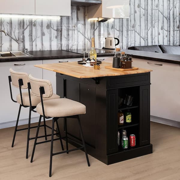 Black Wood 47 in. Large Kitchen Island Drop Leaf Breakfast Bar w/Wood Top Shelves Drawers