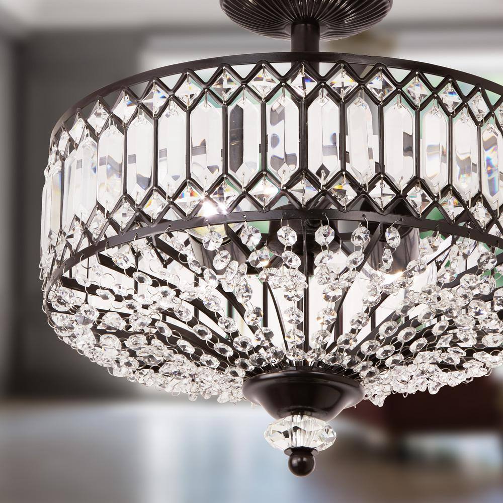 Elegant Hollywood Bronze & Glass Drum Ceiling Light with K-9 Crystals