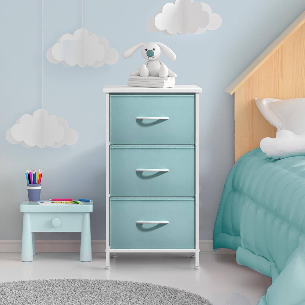 Sorbus Aqua Blue 3-Drawer Steel Frame Nightstand with White Wood Top