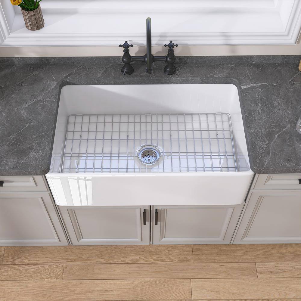 White Fireclay Single Bowl Farmhouse Kitchen Sink with Grid
