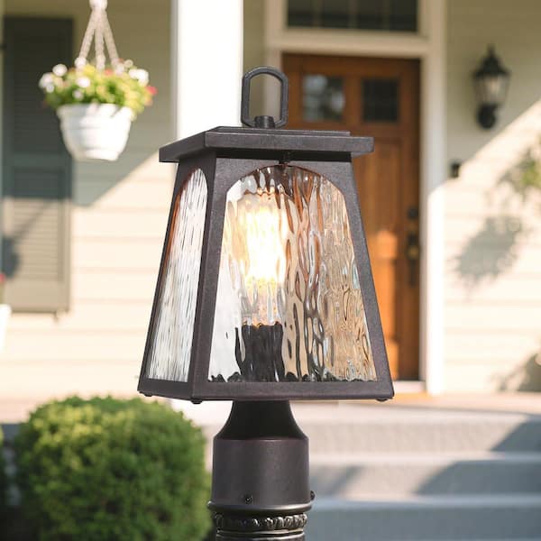 LNC 1-Light Rusty Bronze Metal Hardwired Outdoor Weather Resistant Post Light with Water Wave Glass and No Bulbs Included