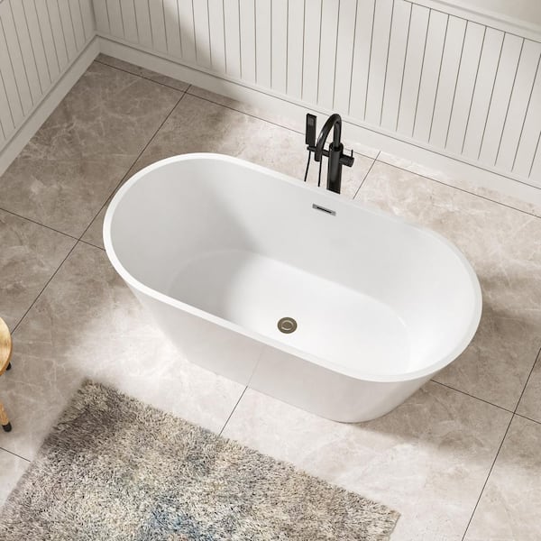 59 in.L x 29.5 in.W Acrylic Rectangle Freestanding Soaking Bathtub in White with Drain