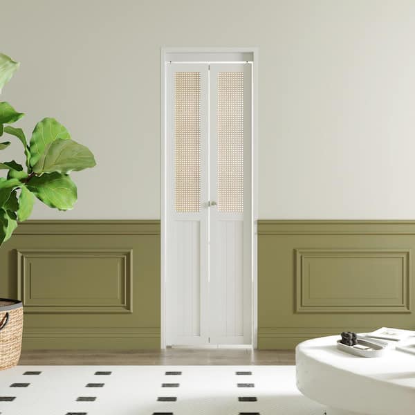 TENONER 24 in. x 80 in. Webbing and Wood Bi-Fold Interior Door for Closet, MDF, White Folding Door Wardrobe, including Hardware