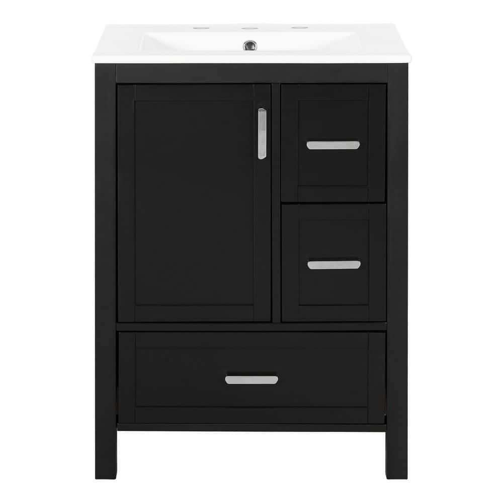 24 in. Black Wood Rectangle Vessel Sink Bathroom Vanity Combo with Door, Double-Layer Door Shelf, and 3 Drawers price history on PriceWatchPro