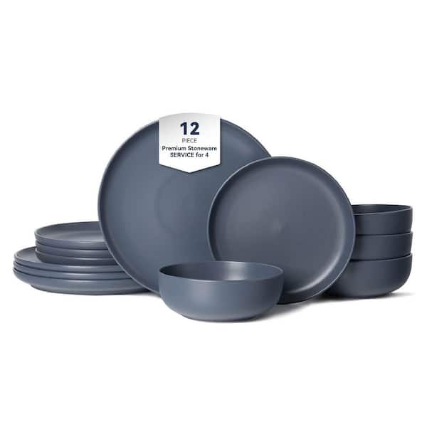 12 Piece Ceramic Stackable Dinnerware Set-Non Toxic Matte Glaze Microwave Dishwasher Safe in Blue