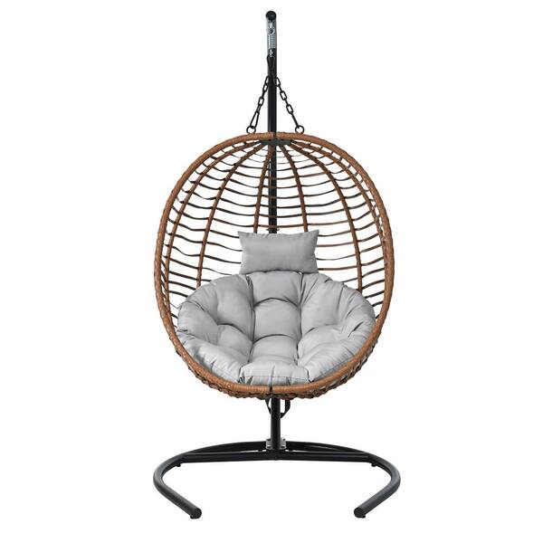 6.5 ft. Brown Wicker U_Style Outdoor Folding Hanging Egg Chair with Stand, Adjustable Anti-Slip Feet and Gray Cushion