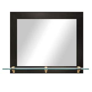 25.5 in. W x 21.5 in. H Rectangle Dark Brown Horizontal Framed Mirror With Tempered Glass Shelf/Brass Brackets