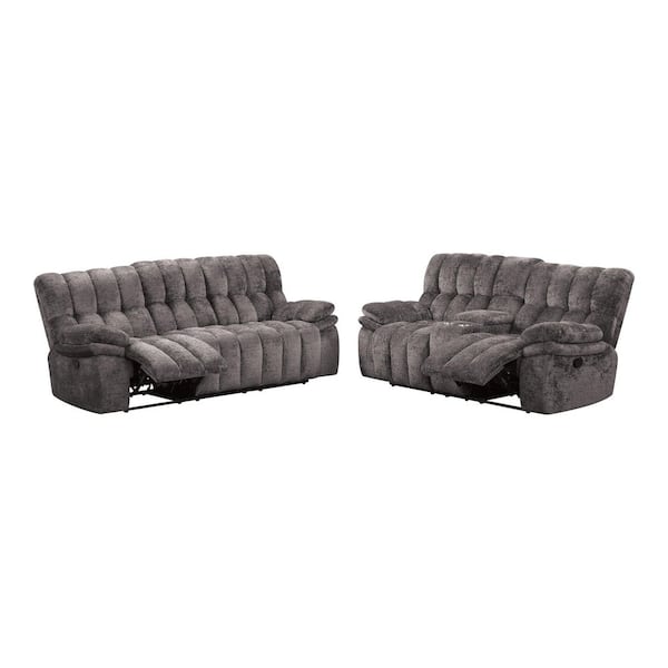 Encant 2-Piece Dark Gray Fabric Manual Reclining Sofa Set with USB Charging Ports and Wide Track Pillow Top Arms