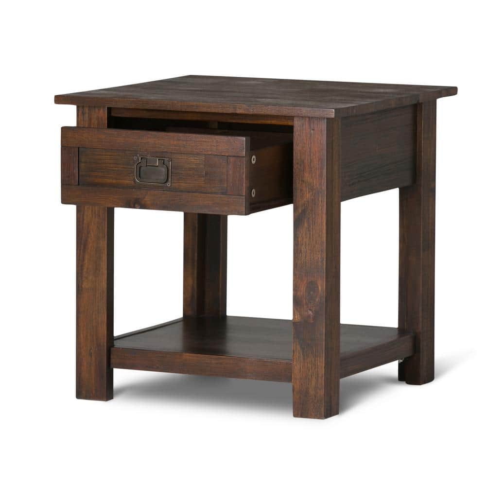 Distressed Charcoal Brown Acacia Wood End Side Table with Storage
