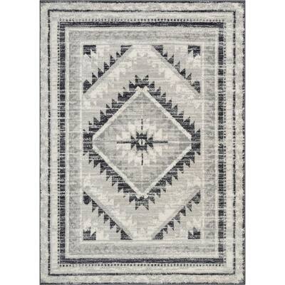 Malfi Pisa Grey Aztec Tribal Southwestern 7 ft. 10 in. x 10 ft. 6 in. Distressed Area Rug