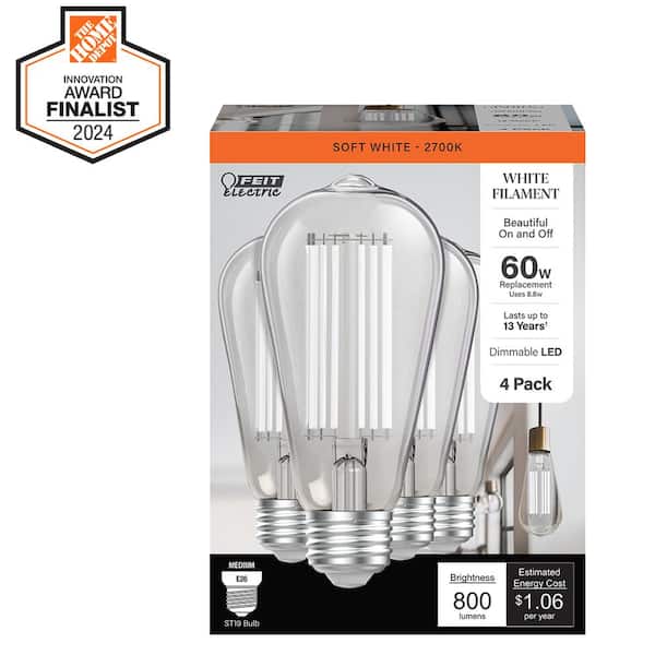 60-Watt Equivalent ST19 Dimmable White Filament Clear Glass E26 Vintage Edison LED Light Bulb, Soft White 2700K (4-Pack)