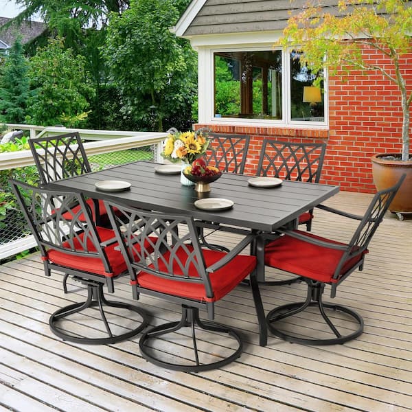 Black 7-Piece Metal Rectangle Outdoor Dining Set with Red Cushions and 1.57 in. Umbrella Hole, Swivel Design