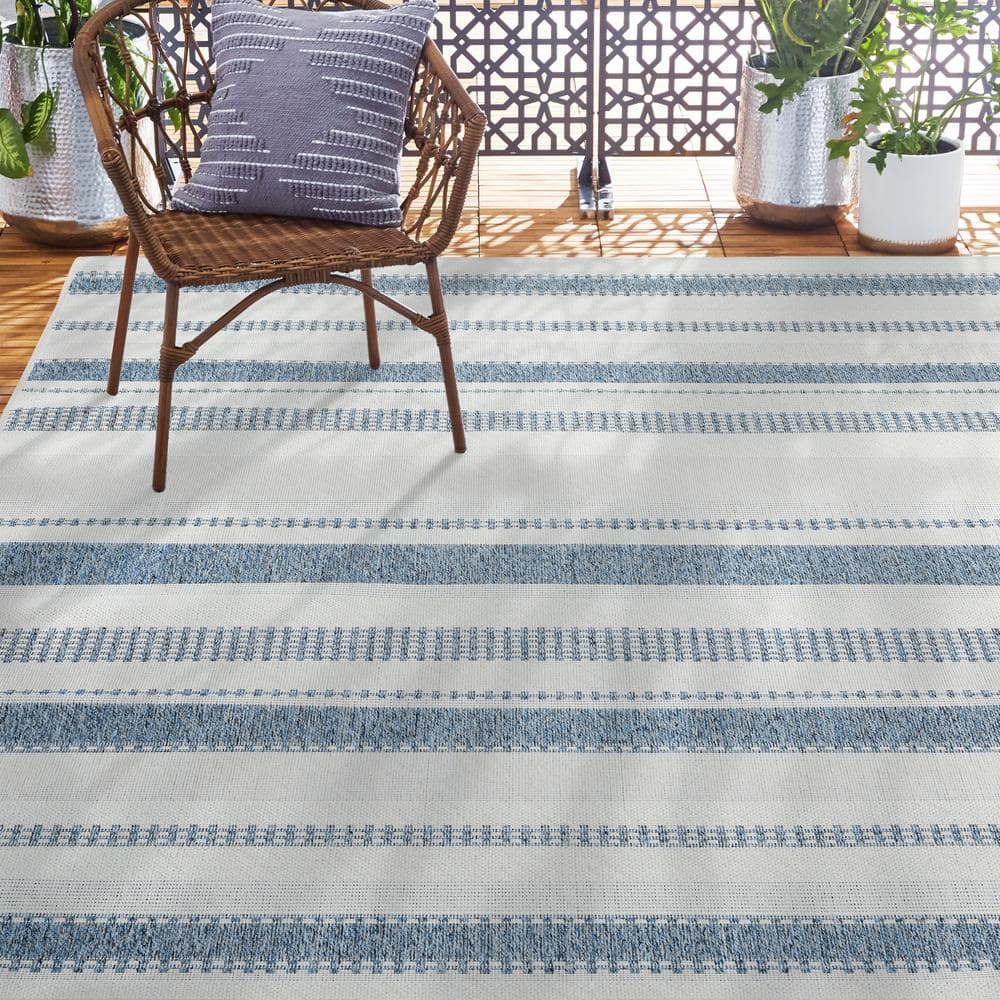 Tripoli Mateo Dark Blue and Cream Striped Polypropylene Indoor/Outdoor Area Rug, 5'3" x 7'3"