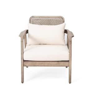 Patio Light Brown Wood Outdoor Lounge Chair with Cream Cushions