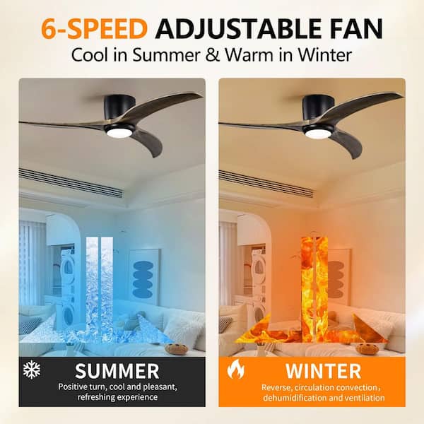 52 in. Indoor/Outdoor Black with Dark Brown Blades Flush Mount Ceiling Fan with LED Light and 6-Speed Remote Control