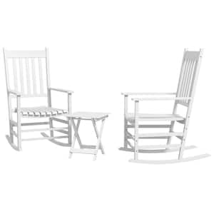 3-Piece White Wood Outdoor Bistro Set with Side Table and Patio Wooden Rocking Chair with Smooth Armrests