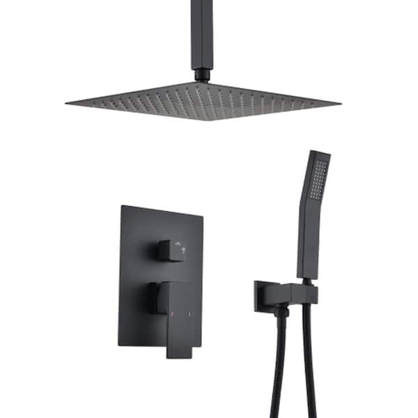 Lukvuzo 12 in. 2-spray Dual 2.5 GPM Body Spray Shower System Set with Square Head Shower and Handheld Shower in Matte Black