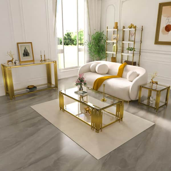 47 in. Gold Clear Rectangle Glass Console Table with Stainless Steel Frame, 2-Tier Hallway Table for Living Room
