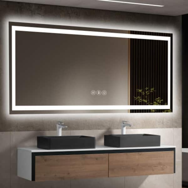 96 in. W x 36 in. H Rectangular LED Frameless Wall Bathroom Vanity Mirror with Anti-Fog, Front/Backlight Tempered Glass