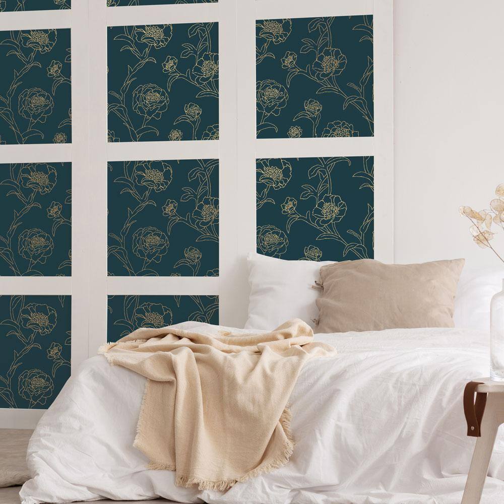 Peacock Blue and Gold Floral Peel and Stick Wallpaper