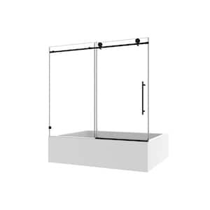 55 in. to 60 in. W x 63 in. H Sliding Frameless Tub Door in Matte Black Finish with Clear Glass