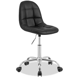 Modern Armless Home Office Stool, Height Adjustable Office Desk Chair, PU Leather 360-Degree Swivel with Wheels, Black