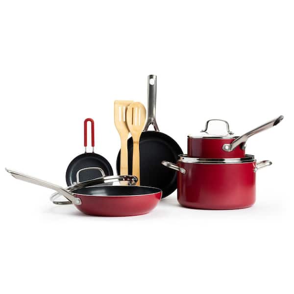 Red Volcano Textured Ceramic 12 Piece Cookware Pots and Pans Set