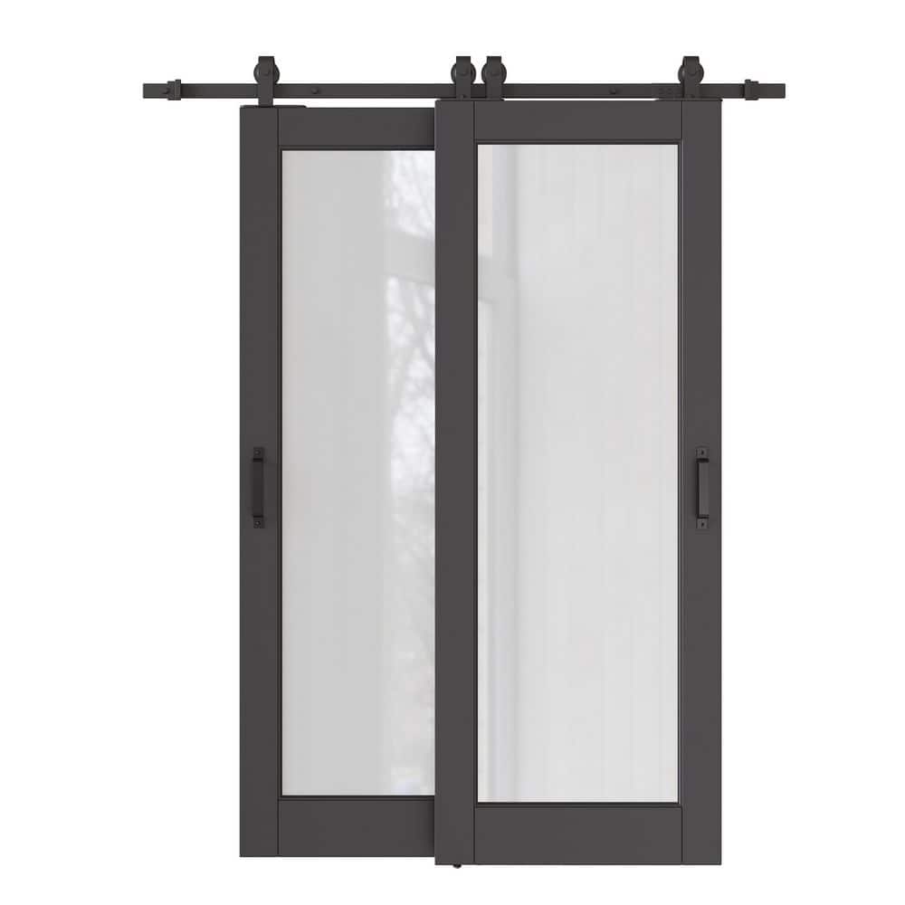 64 in. x 80 in. (Double 36 in. ) 1-Lite Frosted Glass Black Primed MDF Sliding Barn Door with Hardware Kit Bypass price history on PriceWatchPro