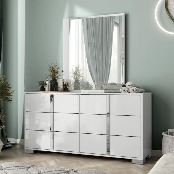 Furniture of America Mesala White 6-Drawer 61 in. Dresser with Mirror with Chrome Accents and Legs, Vertical Chrome Handles