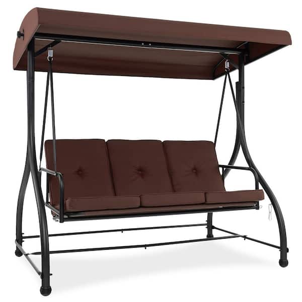 Gymax Converting Patio Swing Chair Porch Swing Bed with Adjustable Canopy and Thickened Cushion Coffee