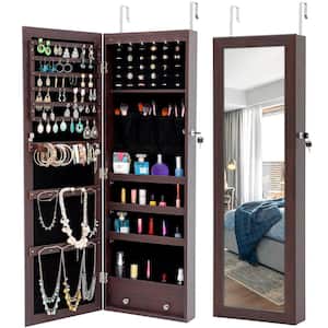 Brown Simple Jewelry Storage Mirror Cabinet With LED Lights Can Be Hung On The Door Or Wall