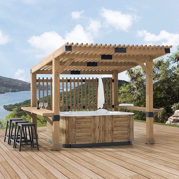 Sunjoy Outdoor Patio Grill Gazebo 10 ft. x 11 ft. Wooden Frame Hot Tub Pergola Kit with Privacy Screen and Large Bar Shelves